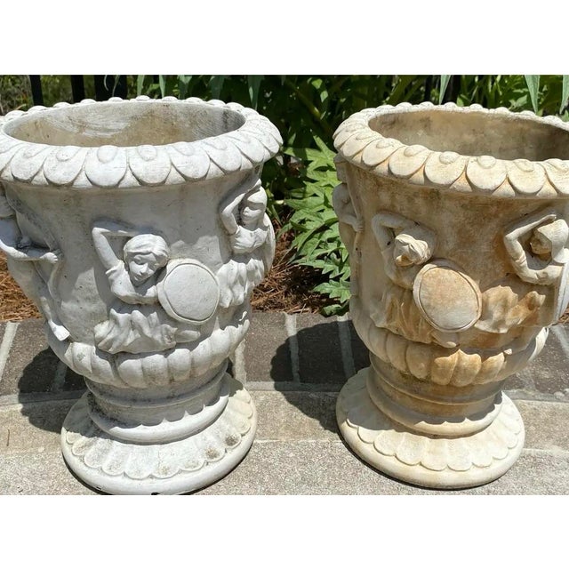Vintage Pair of Neoclassical Cast Stone Bacchanalian Garden Urns For Sale - Image 6 of 12