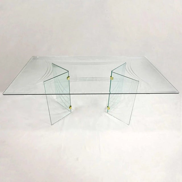 Vintage Modern All Glass Dining Table V Double Pedestal Base With Brass Plated Connectors Style of Pace For Sale - Image 13 of 13