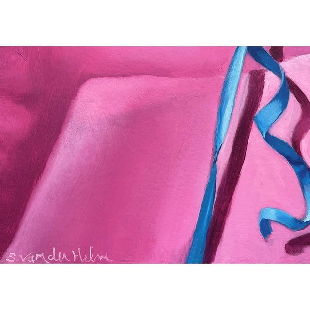 Pink Package by Sarah van der Helm | Oil on Cradled Panel close-up of a pink gift wrapped with blue ribbon For Sale - Image 4 of 4