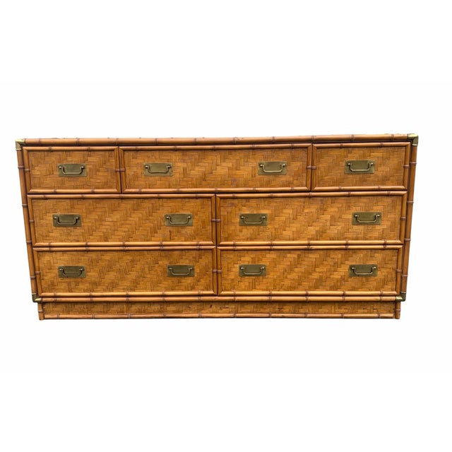 Campaign Vintage MCM Faux Bamboo & Rattan Campaign Style Low Dresser For Sale - Image 3 of 10
