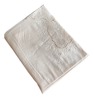 Beige Hand-Embroidered Linen Tablecloth, 1900s