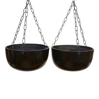 1960's Architectural Gainey Pottery Mid Century Modern Black Ceramic Hanging Swag Garden Planter Bowls - Set of 2 For Sale