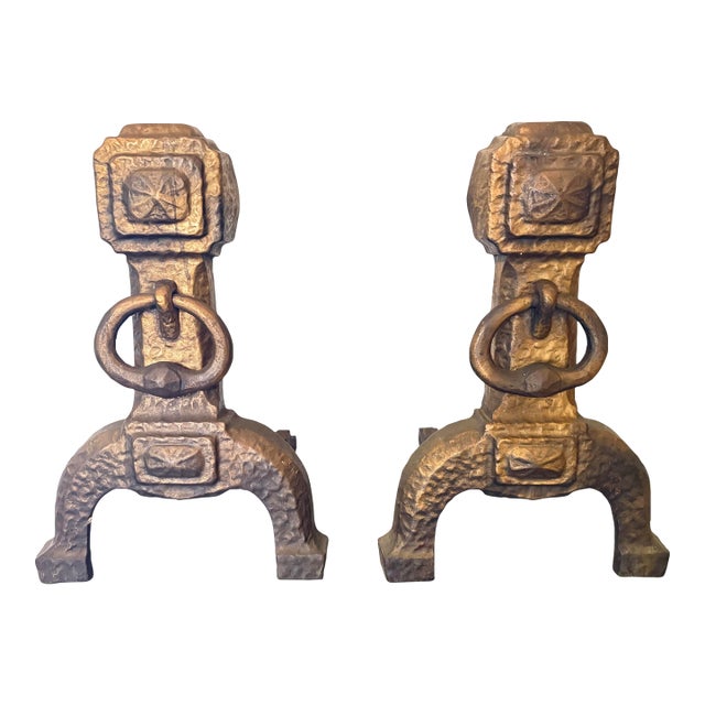 Antique Cahill Gold Bronze Spanish Mission Fireplace Andirons - a Pair For Sale