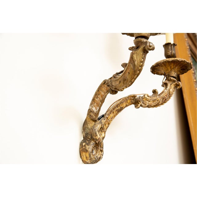 Gold Antique Two-Light Gilt-Wood French Rococò Wall Sconces - a Pair For Sale - Image 8 of 8