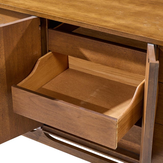 Brown Broyhill Brasilia Mid Century Walnut and Brass Lowboy Dresser For Sale - Image 8 of 9