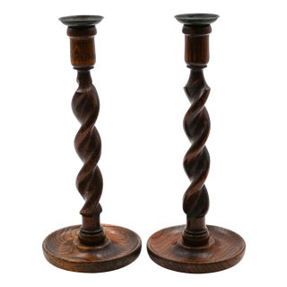English Early Victorian Oak Barley Twist Candleholders, Set of 2 For Sale