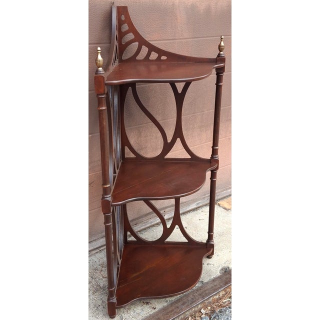 Chippendale Mid 20th Century Mahogany Corner Shelf Intricate Fretwork and Brass Finials For Sale - Image 3 of 7