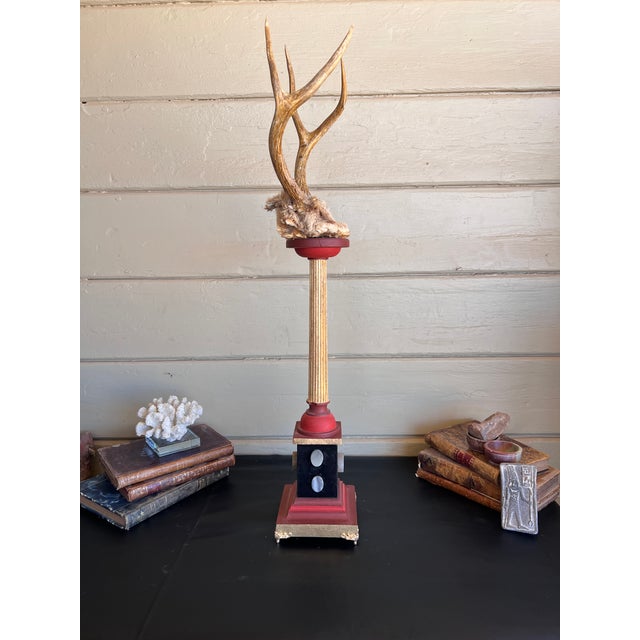 1910s Baroque Curiosity Cabinet Vintage Trophy Antlers W Gilded Column & Specimen Gems For Sale - Image 5 of 14