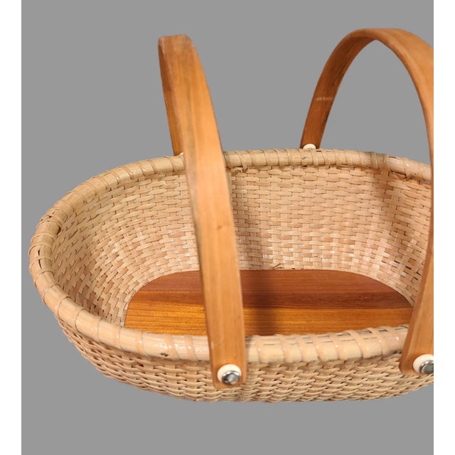 Rustic Mid 20th Century Hand Made Wicker With Wood Bottom and Double Handle Gathering Basket For Sale - Image 3 of 8