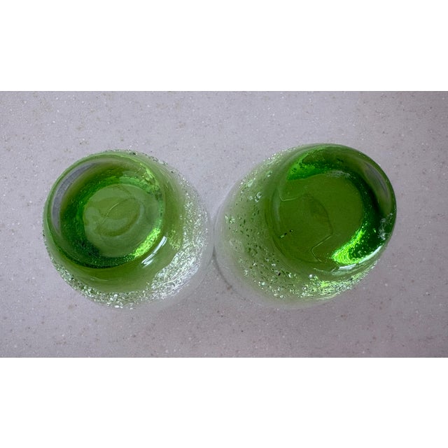 Mid 20th Century Mid 20th Century Hand-Blown Green Art Glass Tumblers With Controlled Bubble Base - a Pair For Sale - Image 5 of 8