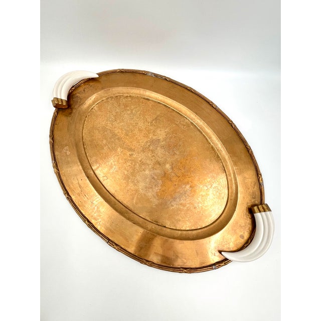 Vintage Italian Hollywood Regency Oval Statement Size Brass Tray With Faux Boar Tusk Handles and Cross Strap Trim For Sale - Image 14 of 16