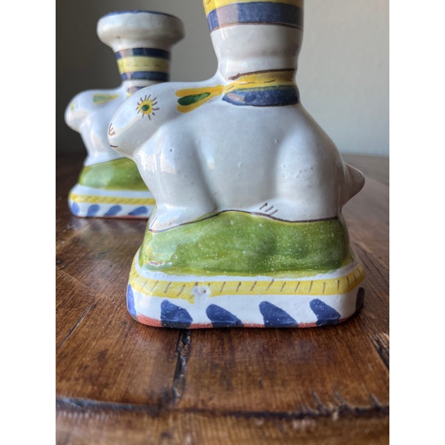 Ceramic Pair of Hand Painted Bunny Rabbit Terracotta Candlestick Holders, Made in Portugal For Sale - Image 7 of 11
