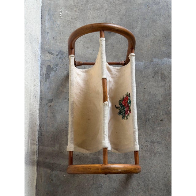 Wood Rattan Magazine Rack With Floral Embroidered Canvas Mid-Century Modern 1970s For Sale - Image 7 of 9