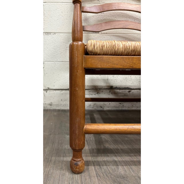 Brown Vintage Country French Double Seat Ladder Back Rush Seat Bench Loveseat Settee For Sale - Image 8 of 16