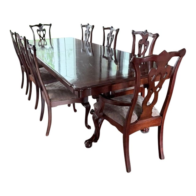 Chippendale Mahogany Dining Set – Table, 8 Carved Chairs & Extension Leaves For Sale