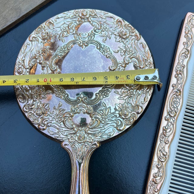 Trio Vintage Silver Plated Vanity Set- Hand Held Mirror, Brush, and Comb For Sale - Image 9 of 10