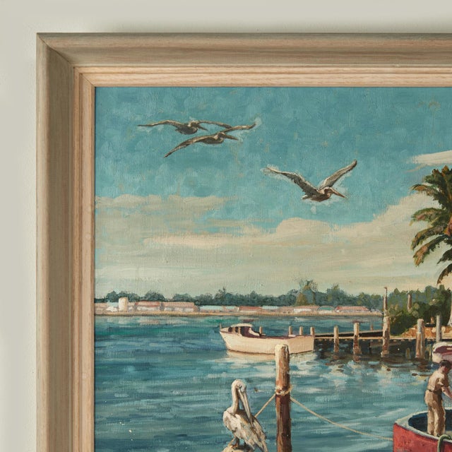 Mid-Century Modern Vintage Painting of a Tropical Boat Dock For Sale - Image 3 of 9