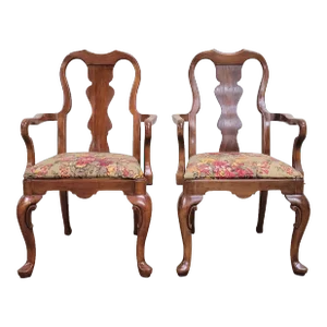 Vintage Lexington Furniture Industries Queen Anne Dining Arm Chairs - Pair