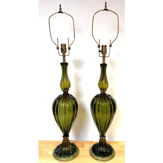 Barovier & Toso Pair of Barovier & Toso Ribbed Olive Verde Murano Glass Lamps, Circa 1955-1965 For Sale - Image 4 of 18