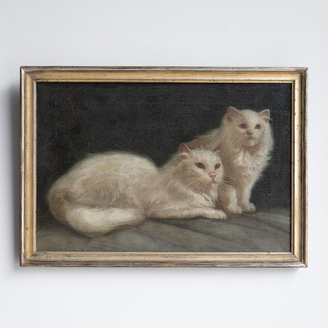 Portrait of a Pair of White Cats, Antique Original Oil Painting, Attributed to Arthur Heyer, Late 19th/Early 20th C. For Sale - Image 9 of 11