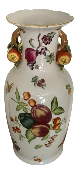 Large Trompe l'Oeil Mediterranean Fruit and Butterfly Pattern Gilded Ceramic Vase - 2 in Stock, Price for 1