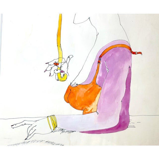 Vintage French Whimsical Elder Lady With Hat Mixed Media Drawing Sketch Art For Sale - Image 13 of 15