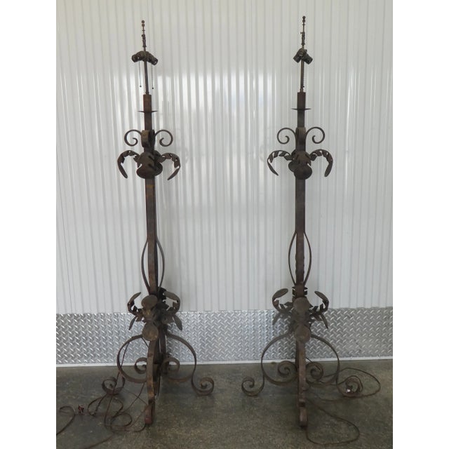 Large Vintage Wrought Iron Mizner / Palm Beach Style Floor Lamps - A Pair sold as found previously owned showing normal...