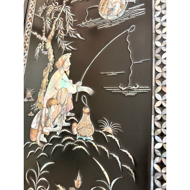 Set of Four Chinese Japonisme Black Lacquer Panels With Dimensional Mother-of-Pearl Inlay, Figural Pastoral Scenes For Sale In San Francisco - Image 6 of 12