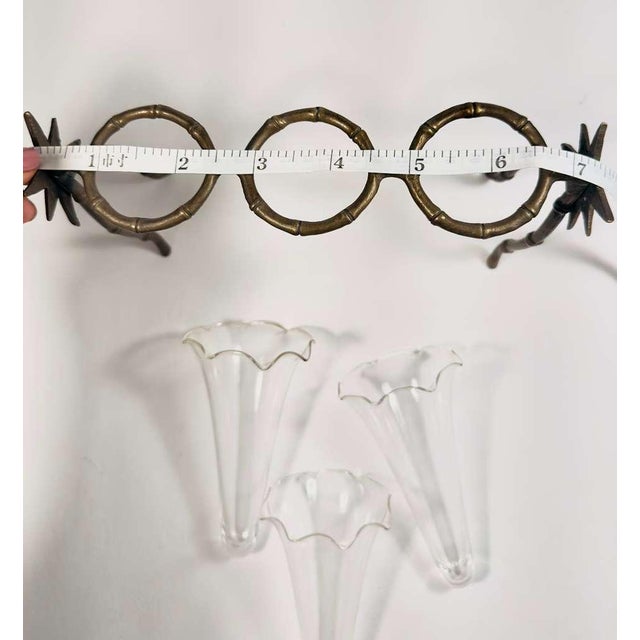 1950s Vintage Glass Bud Vase Trio With Brass Bamboo Stand, French Style Test Tube Vases, Sculptural Floral Holder, Petite Flower Arrangement For Sale - Image 5 of 10