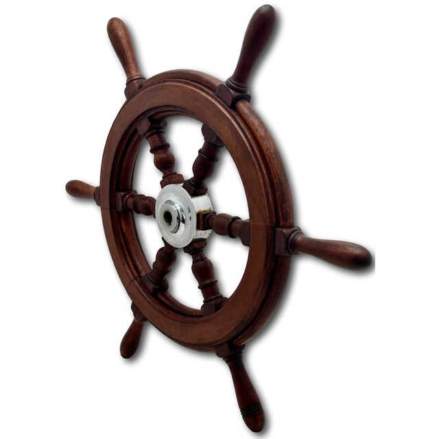 Chrome Fine Vintage Hand Made Large 25 Inch Authentic Mahogany & Rhodium Plated Brass Yacht - Ships Wheel - Mid 1900s For Sale - Image 8 of 18