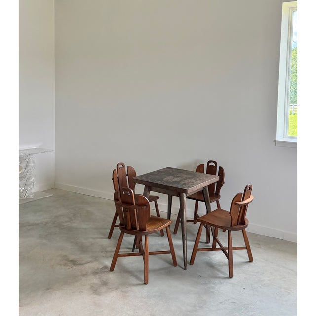 (4) Brutalist Oak Chairs Chalet-Style (After Puydt) + Steel Tolix Game Table, Set of 5 Pieces For Sale - Image 9 of 12