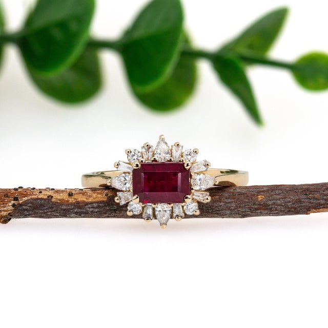 Art Deco 6x4mm Mozambique Ruby and Natural Diamond Ring in Solid 14k Yellow Gold, Size 6.75 For Sale - Image 3 of 7