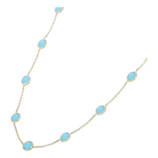 18k Solid Gold Turquoise Necklace Dainty Gemstone Station Chain by VRJewels For Sale