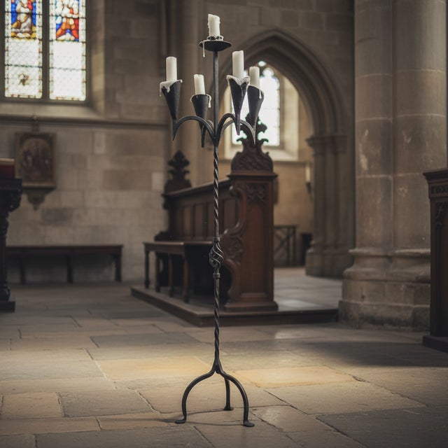 Gothic Hand Forged Wrought Iron Floor Candelabra 50″ (127cm) Antique Copper Patina 5-Arm Candle Holder Gothic Medieval Wedding Decor For Sale - Image 3 of 6