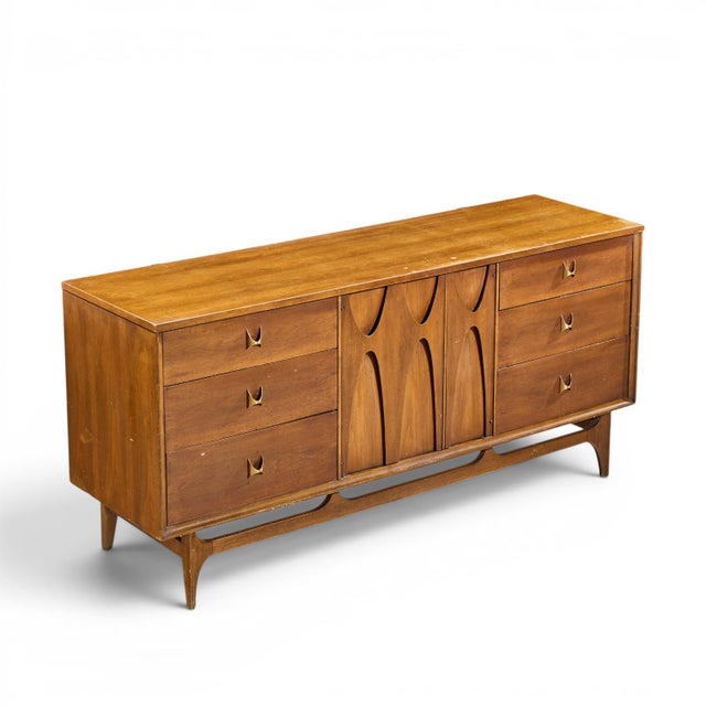 Broyhill Brasilia Mid Century Walnut and Brass 9 Drawer Lowboy Dresser For Sale - Image 10 of 11