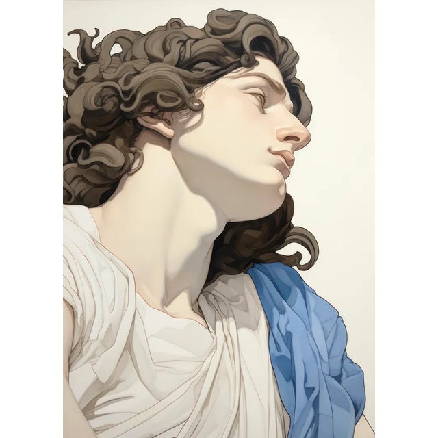 Introducing "Classic Male Sculpture Profile with Curly Locks," an art print of 9x12 inches that captures the essence of...