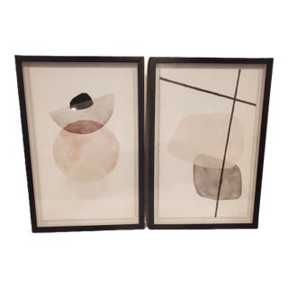 Late 20th Century Pair of Contemporary Abstract Watercolor Prints by Marmont – Framed Minimalist Wall Art For Sale
