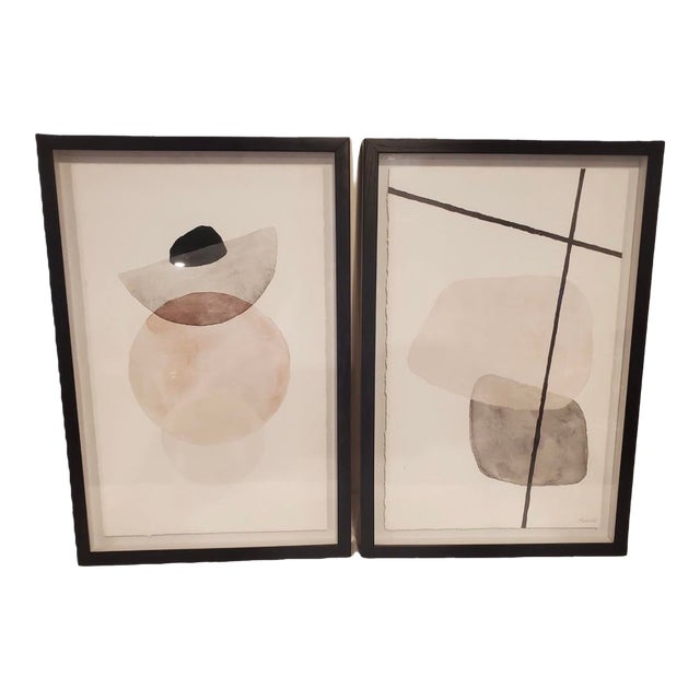 Late 20th Century Pair of Contemporary Abstract Watercolor Prints by Marmont – Framed Minimalist Wall Art For Sale