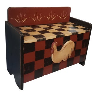 Late 20th Century Vintage Checkerboard and Rooster Distressed Toll Painted Pine Bench Chest For Sale