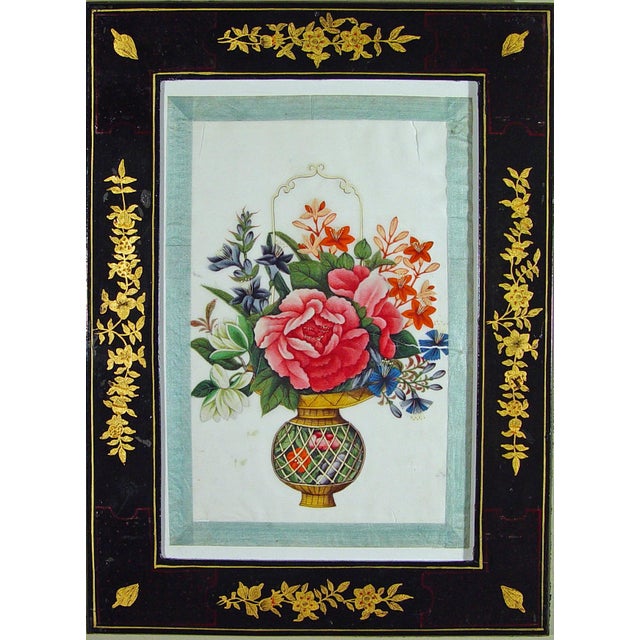 Paint China Trade Watercolors of Flower Baskets With Chinoiserie Frames, a Set of Six For Sale - Image 7 of 8