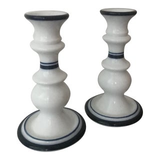 Late 20th Century Dansk Blue and White Ceramic Candlestick Holders, a Pair For Sale