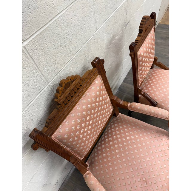 Antique Victorian Eastlake Carved His and Hers Parlor Chairs - Pair For Sale - Image 9 of 11