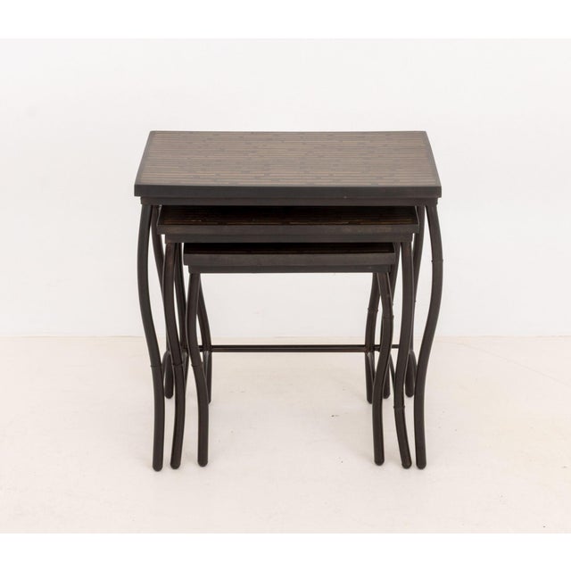 Set of Three Contemporary Mahogany Inlay Nesting Tables, with mosaic wood inlay and composite top above wrought iron base....