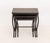 Set of Three Contemporary Mahogany Inlay Nesting Tables, with mosaic wood inlay and composite top above wrought iron base....