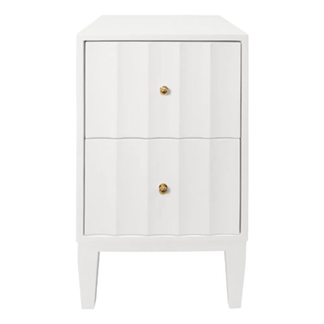 Matthew Izzo Home Hammond Fluted Matte White Lacquer Two Drawer Side Table With Brass Knobs For Sale