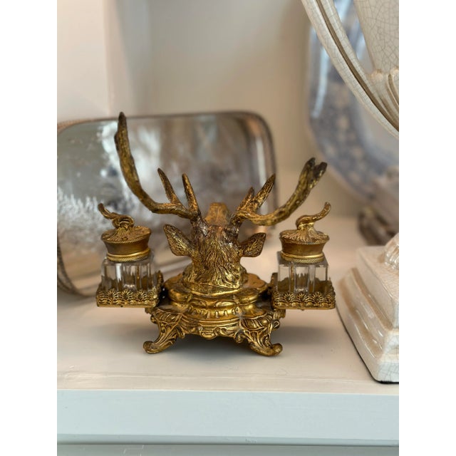 19th Century French Dore Gold Gilt Metal Stag Head Double Inkwell For Sale - Image 10 of 11