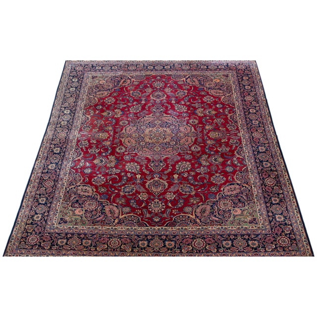 Persian 1960s Medallion Antique Persian Kashan Handmade Wool Rug in Red For Sale - Image 3 of 7