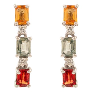 Elegant Multi Sapphire & Diamond Three Stone Silver Drop Valentine Earrings- A Pair For Sale