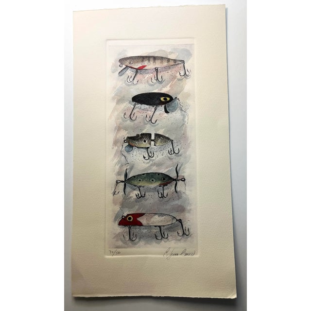 Contemporary Fishing Lures Hand Colored Etching Art Print For Sale - Image 4 of 4