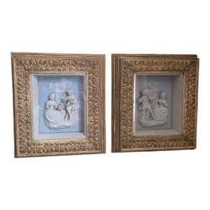 Shadow Box Framed Dresden Porcelain Plaques Pair